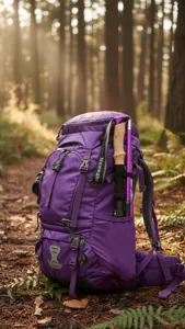 Lila Outdoor Wanderrucksack mit Trekkingstock im Wald, robustes Design für Abenteuer.