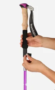 Detailaufnahme eines leichten Trekkingstocks mit Korkgriff und verstellbarer Handschlaufe.