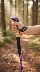 Nahaufnahme von leichtem Aluminium-Trekkingstock-Griff und verstellbarem Schaft im Wald.