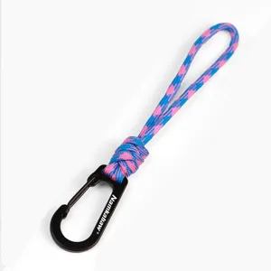 Handmade 7-strand paracord keychain lanyard with black metal carabiner, pink blue camo.