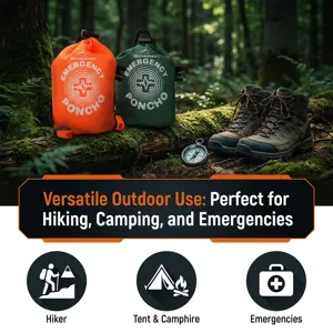 Vista detallada del poncho de emergencia exterior, equipo portátil para senderismo y camping.