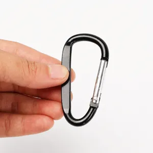 Black aluminum D-shaped mini carabiner clip, flattened keychain hook for outdoor daily use.