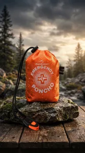 Poncho de emergencia impermeable portátil en bolsa naranja con silbato para acampar al aire libre.