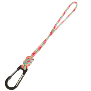 Handmade paracord lanyard with black carabiner for outdoor camping and keys security.