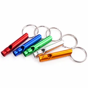 Aluminum alloy survival whistle with keychain keyring, multi-color outdoor camping tool.
