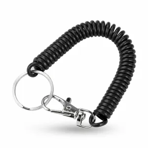 Portachiavi a spirale nero con anello in metallo e moschettone per uso quotidiano.