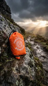 Poncho de emergencia portátil en bolsa naranja brillante para senderismo y supervivencia.