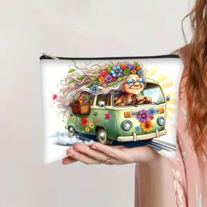 Detail view of canvas makeup bag with whimsical cartoon grandma driving flower van