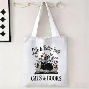 Bolsa de lona grande con estampado de gato negro y libros, ideal para compras y estudios