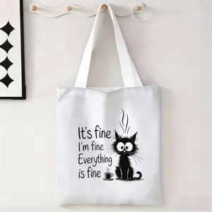 Vista detallada de bolsa de lona blanca con estampado de gato y frase divertida