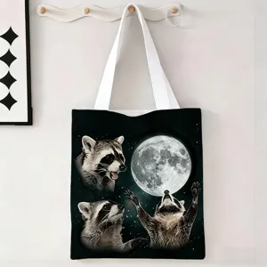 Elegante bolsa de lona con estampado único de mapache y luna para compras ecológicas y chic