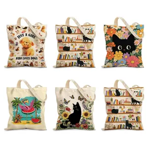 Linda Bolsa de Mano de Lona con Estampado de Animales de Dibujos Animados Gran Capacidad Bolsa de Compras Reutilizable Artística Fresca Bolsa de Hombro de Tela Espesada