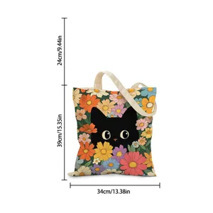 Dimensiones del bolso de lona con gato negro y flores, gran capacidad de 34x39 cm