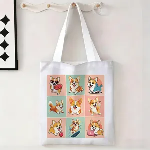 Detalle de una bolsa de lona blanca con una cuadrícula de lindos cachorros Corgi