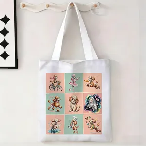 Vista detallada de bolsa de lona blanca con nueve lindas ilustraciones de caniches