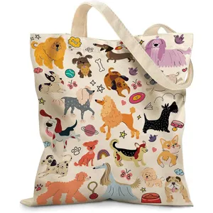 Vista detallada de ilustraciones de perros de dibujos animados en una bolsa de lona duradera.