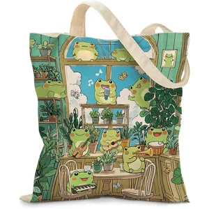 Vista detallada de la ilustración de ranas fantasiosas en una gran bolsa de lona