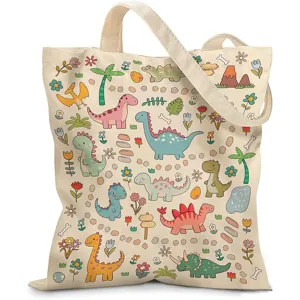 Vista detallada del vibrante estampado de dinosaurios en un bolso de lona grueso.