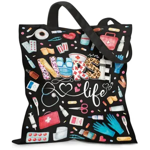 Bolso de lona negra con temática médica y diseño de dibujos animados de vida de enfermera