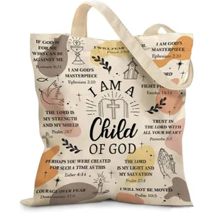 Detalle de bolsa de lona impresa con versículos bíblicos inspiradores y símbolos religiosos.