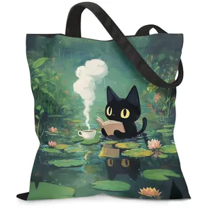 Primer plano de la ilustración de gato negro en una bolsa de lona de gran tamaño