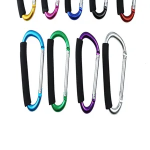 Aluminum alloy D-ring carabiner with foam grip for ice skates, bags, and outdoor hanging use.