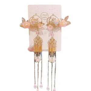 Fermagli per capelli floreali in stile cinese con lunghe nappe di perline per Hanfu.