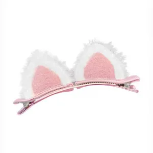 Lindas pinzas para el cabello con orejas de gato de felpa rosa y blanca para niñas