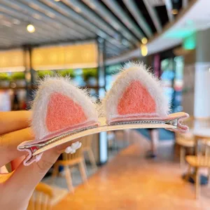 Lindas pinzas para el cabello de felpa con orejas de gato en rosa y blanco para niñas
