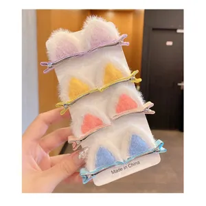 Cute plush cat ear hair clips for girls set of four colorful pairs on display card