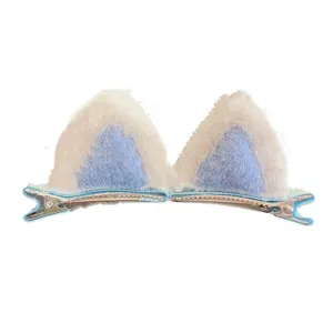 Pair of cute plush animal cat ear hair clips in blue and white for girls hair accessories