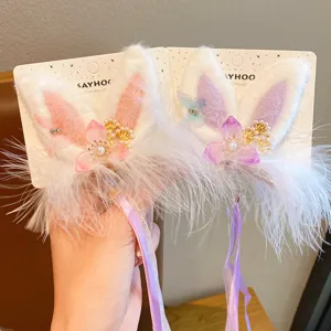 Cute 3D Rabbit Ear Tassel Hair Clip For Girls Chinese Style Flower Feather Hairpins Hanfu Ancient Headwear Kids Hair Accessories