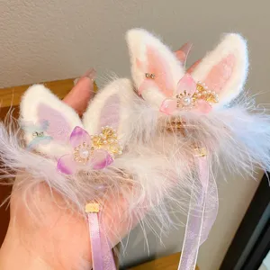Cute plush rabbit ear hair clips with tassels and flowers for Hanfu girls hair accessories