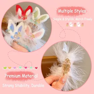 Cute 3D rabbit ear hair clips with white feathers and floral butterfly details for girls