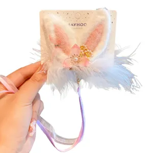 Cute plush rabbit ear hair clip with pink flower and long ribbon tassel for Hanfu