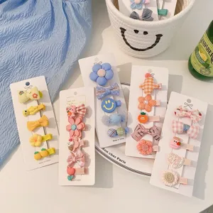 Cute fabric-covered children's hair clips set with colorful floral and bow designs
