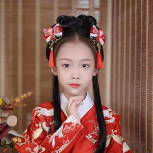 Chinese style red hair clip with tassels and cute doll for girls New Year accessory
