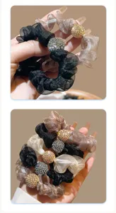 Detailed view of elegant mesh hair scrunchies featuring a sparkling rhinestone ball decor