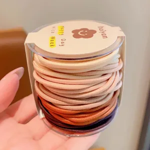 Detail view of colorful kids' hair elastics neatly packed in a clear container