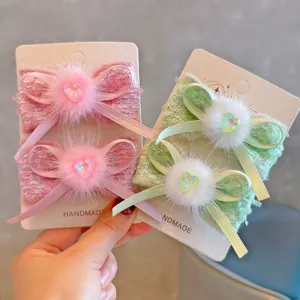French Tweed Style Faux Mink Fur Bow Hair Clips For Girls Heart Rhinestone Handmade Sweet Princess Children Hair Accessories