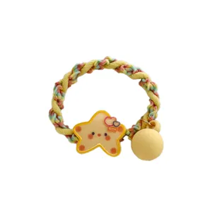 Cute yellow braided hair tie with smiling star charm and round bead for girls and kids