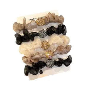 Set of 5 elegant mesh hair scrunchies with sparkling rhinestone balls for women ponytails