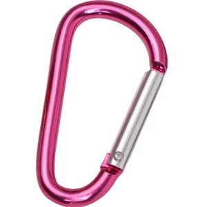 Pink aluminum D-shaped carabiner snap hook for outdoor travel, camping, and lightweight luggage gear.