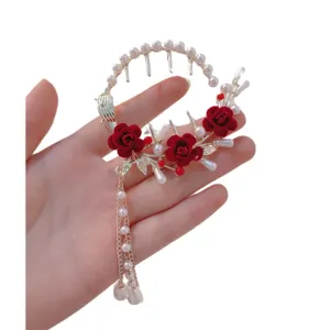 Elegant vintage Chinese style hair clip bun holder with red velvet roses and pearl tassels
