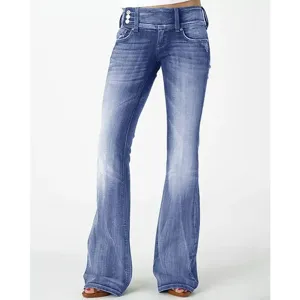 Detailed view of mid-rise blue flare jeans featuring vintage wash and stylish multi-button waist.