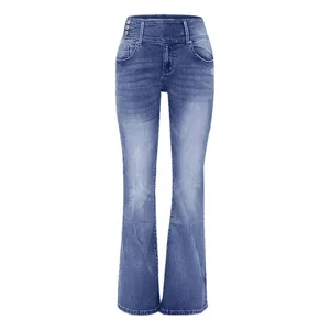 Women High Waist Flared Jeans Retro Side Button Denim Pants Casual Slim Fit Trousers