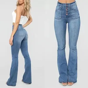 Women high waist flare jeans blue denim multi button patch pockets casual trousers