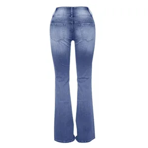 Close-up back view of women vintage blue flare jeans, showing detailed pockets and wash.