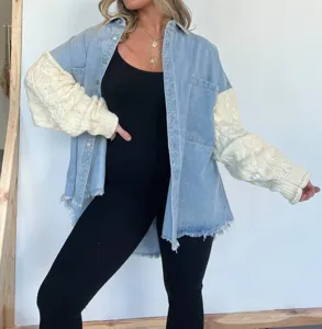 Women's casual loose patchwork denim jacket with knit long sleeves, stylish outerwear.