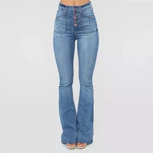 High-waisted flare jeans detail, featuring multi-button closure and utility front pockets.